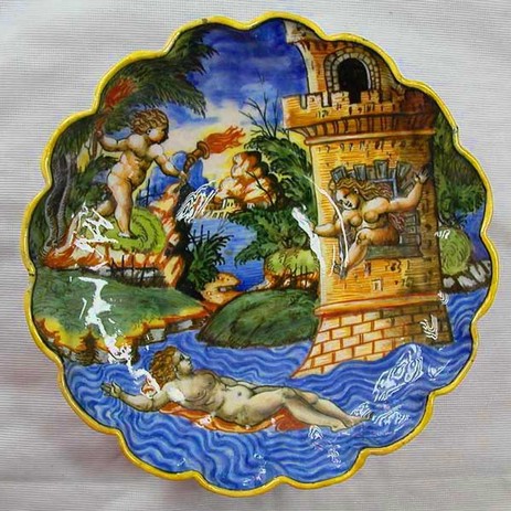 Restauro ceramica, maiolica, alzatina Urbino istoriata - Antique restoration ceramic, stone, polychrome wood, majolica Urbino