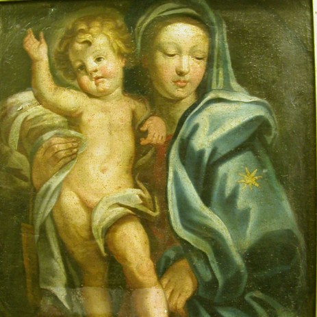 Quadro ad olio su tela raffigurante la Madonna con il bambino (sec. XVII) fase del processo di pulitura e restauro - Oil painting on canvas representing the Madonna and Child (seventeenth century) step of cleaning and restoration