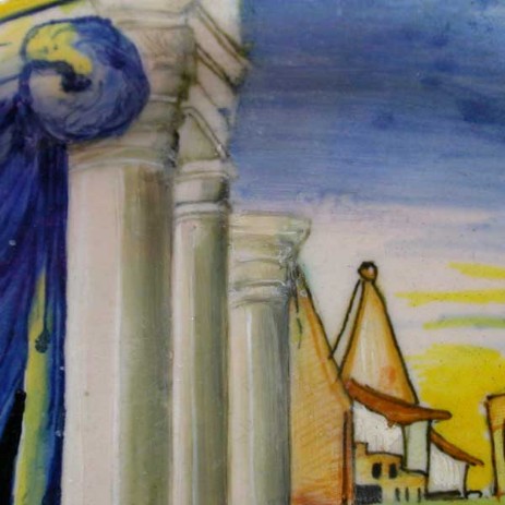 Piatto in maiolica istoriato di Urbino, fase del processo di restauro  Majolica plate historiated of Urbino step of restoratio